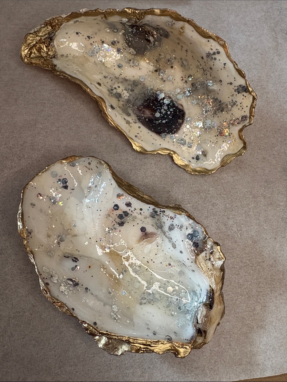Two Hand Crafted Cream and Gold Oyster Accent Trays